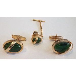 Gold Tone Green Stone with White Striations Cufflinks and Tie or Lapel Pin